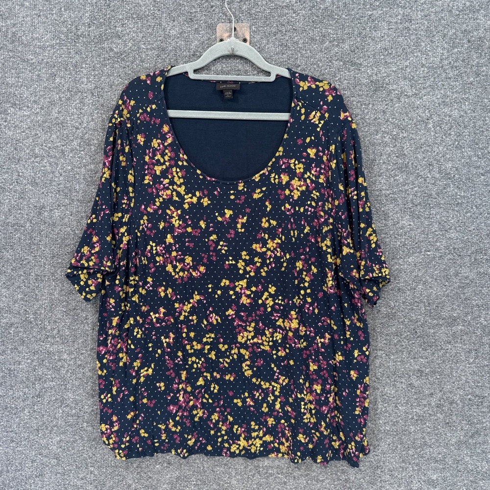 J.Jill Blouse Women 2X Blue Floral Polka Dot Wearever Short Sleeve Plus Size